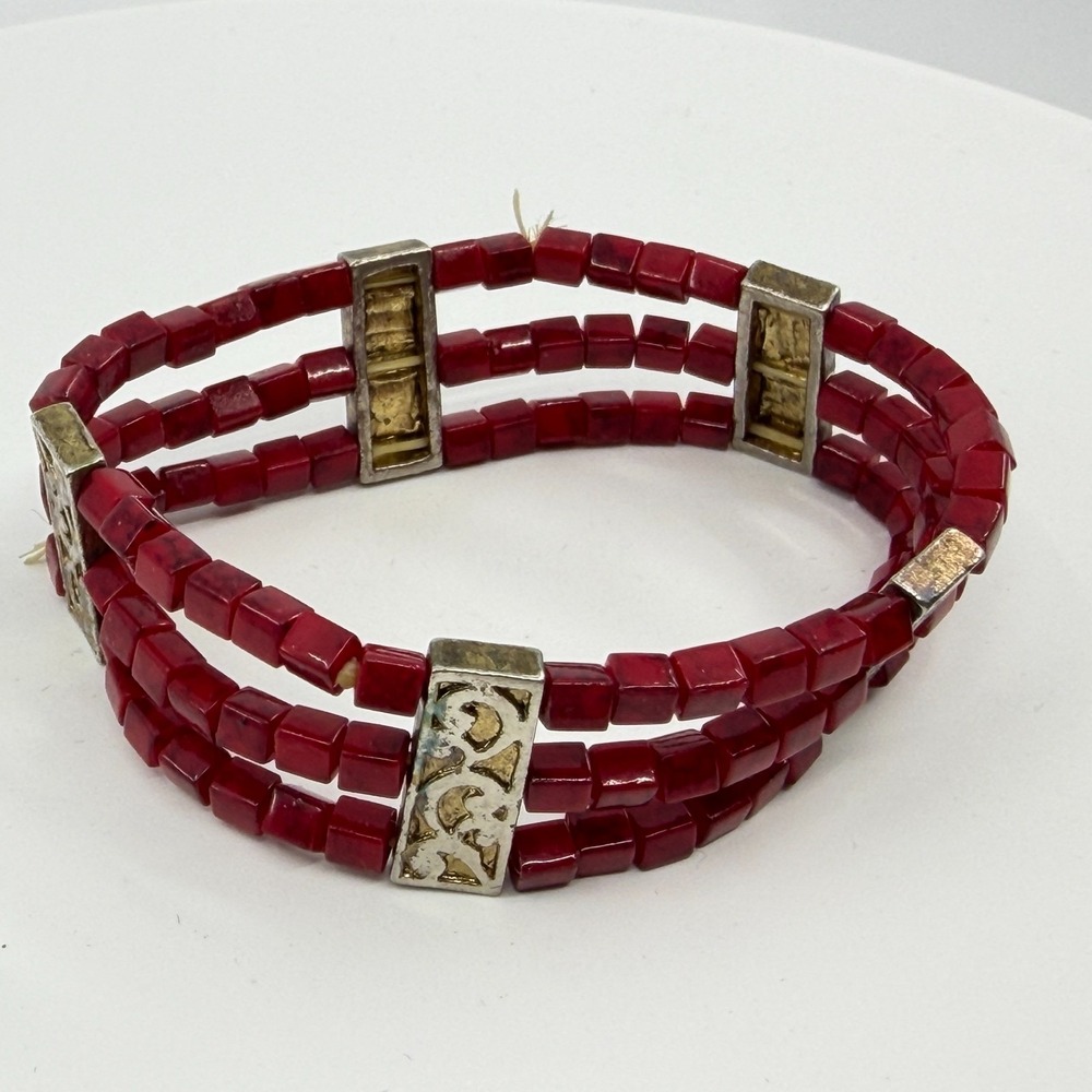 Y2K Red Cube Bead Bracelet with Metal Bars - Statement Jewelry